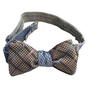DION Premium Men's All Silk LUXURY Plaid Adjustable Bow Tie Blue Pink Brown Hues